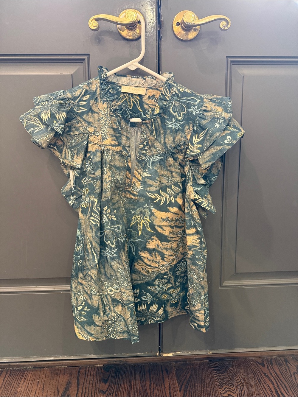 Ulla Johnson Teal and Gold Floral Ruffled Cap-Sleeve Blouse
